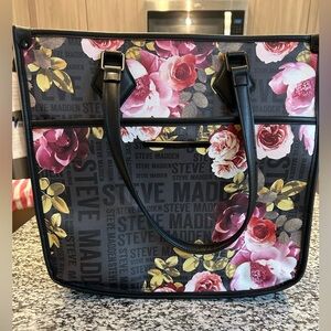 Steve Madden Black Floral Logo Tote with Pink and Yellow Accents
